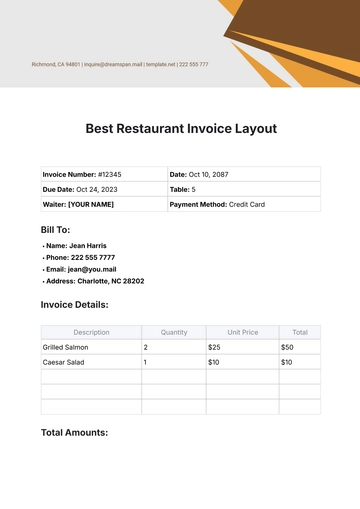 Free Best Restaurant Invoice Layout Template to Edit Online