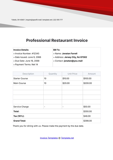 Free Professional Restaurant Invoice Template to Edit Online