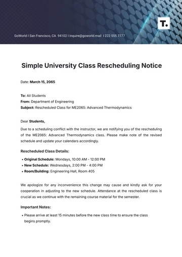 Free Simple University Class Rescheduling Notice Template to Edit Online