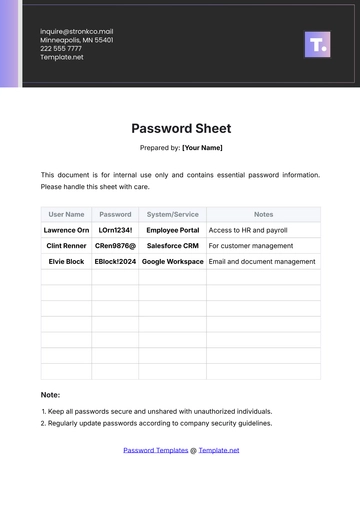 Free Password Sheet Template to Edit Online