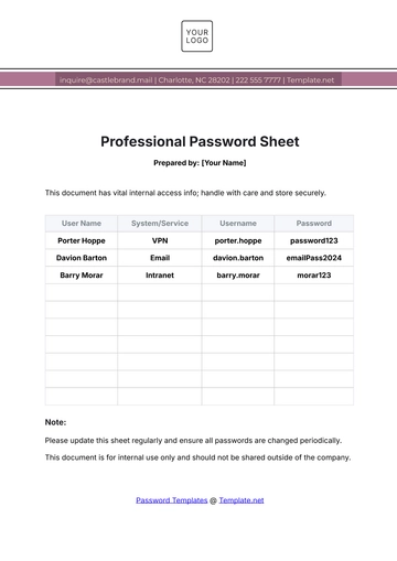 Free Professional Password Sheet Template to Edit Online
