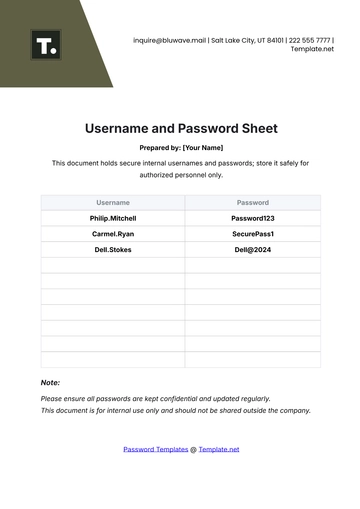 Free Username and Password Sheet Template to Edit Online