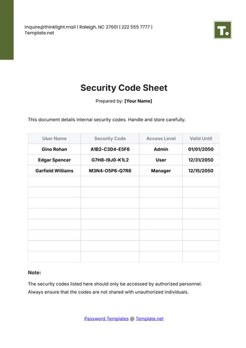 Free Security Code Sheet Template to Edit Online