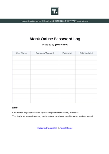 Free Blank Online Password Log Template to Edit Online