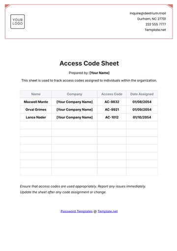 Free Access Code Sheet Template to Edit Online