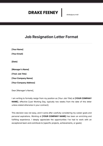 Free Job Resignation Letter Format Template to Edit Online
