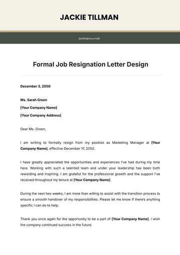 Free Formal Job Resignation Letter Design Template to Edit Online