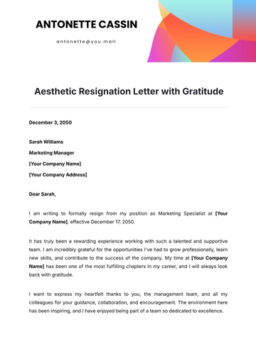 Free Aesthetic Resignation Letter with Gratitude Template to Edit Online