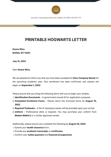 Free Printable Hogwarts Letter Template to Edit Online