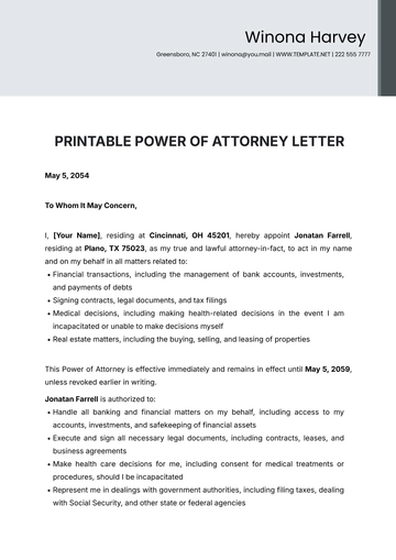 Free Printable Power of Attorney Letter Template to Edit Online