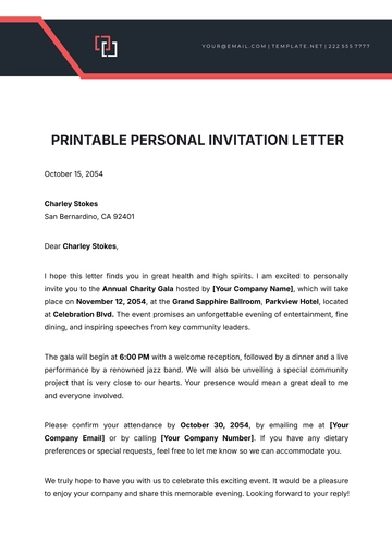 Free Printable Personal Invitation Letter Template to Edit Online