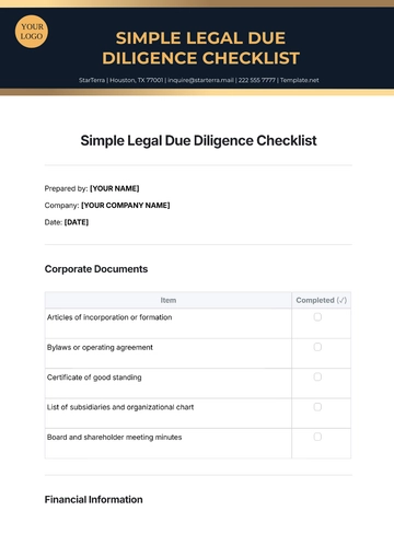Free Simple Legal Due Diligence Checklist Template to Edit Online