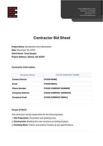 Free Contractor Bid Sheet Template to Edit Online