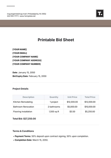 Free Printable Bid Sheet Template to Edit Online