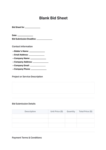 Free Blank Bid Sheet Template to Edit Online