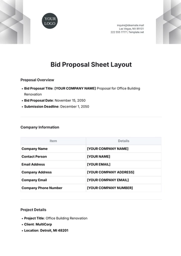 Free Bid Proposal Sheet Layout Template to Edit Online