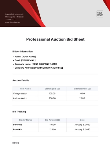 Free Professional Auction Bid Sheet Template to Edit Online