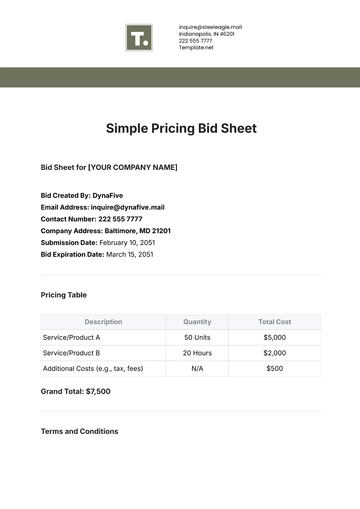 Free Simple Pricing Bid Sheet Template to Edit Online