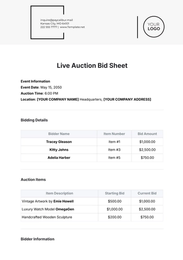 Free Live Auction Bid Sheet Template to Edit Online