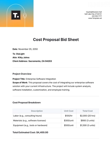 Free Cost Proposal Bid Sheet Template to Edit Online