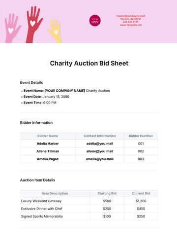 Free Charity Auction Bid Sheet Template to Edit Online
