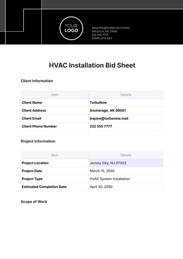 Free HVAC Installation Bid Sheet Template to Edit Online