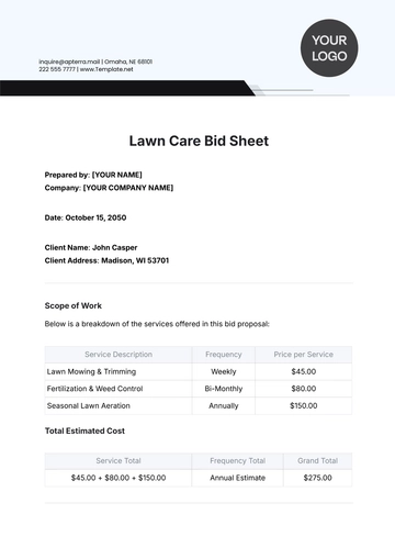 Free Lawn Care Bid Sheet Template to Edit Online
