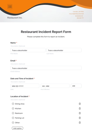 Free Restaurant Incident Report Form Template to Edit Online
