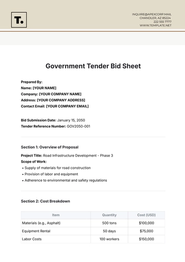 Free Government Tender Bid Sheet Template to Edit Online