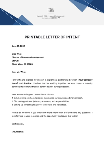Free Printable Letter of Intent Template to Edit Online
