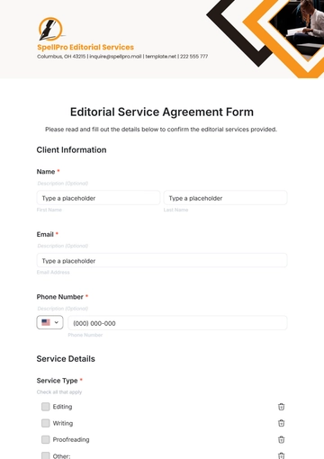 Free Editorial Service Agreement Form Template to Edit Online