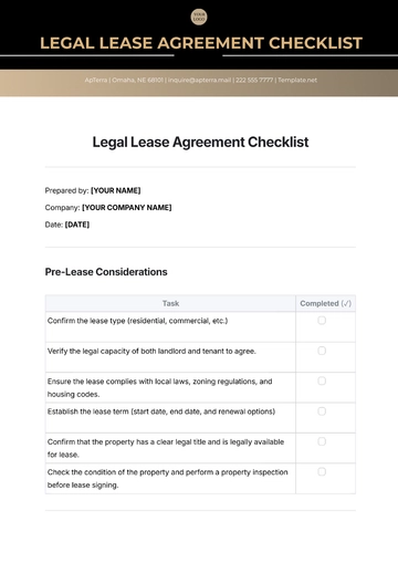 Free Legal Lease Agreement Checklist Template to Edit Online