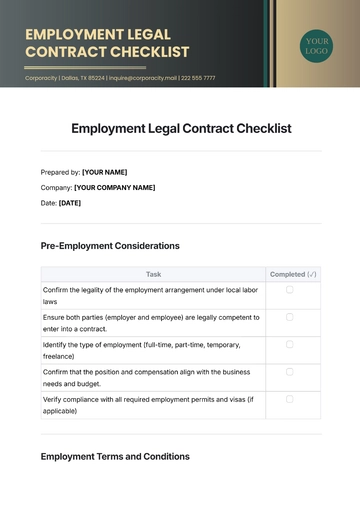 Free Employment Legal Contract Checklist Template to Edit Online