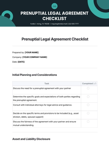 Free Prenuptial Legal Agreement Checklist Template to Edit Online