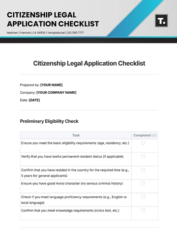Free Citizenship Legal Application Checklist Template to Edit Online