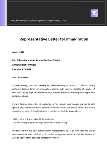 Free Representative Letter for Immigration Template to Edit Online