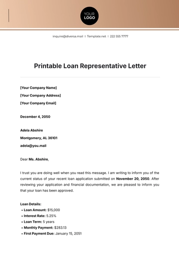 Free Printable Loan Representative Letter Template to Edit Online