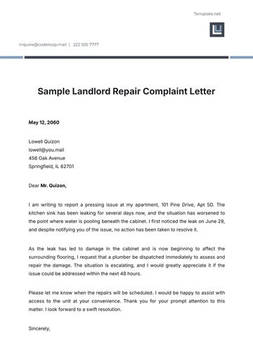 Free Sample Landlord Repair Complaint Letter Template to Edit Online