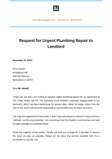 Free Request For Urgent Plumbing Repair To Landlord Template