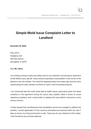 Free Simple Mold Issue Complaint Letter To Landlord Template to Edit Online