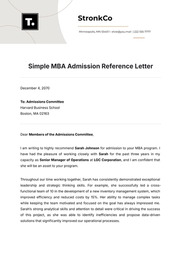 Free Simple MBA Admission Reference Letter Template to Edit Online
