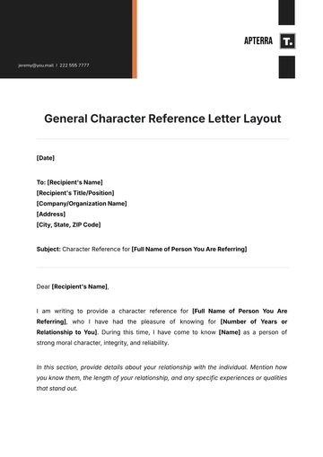 Free General Character Reference Letter Layout Template to Edit Online