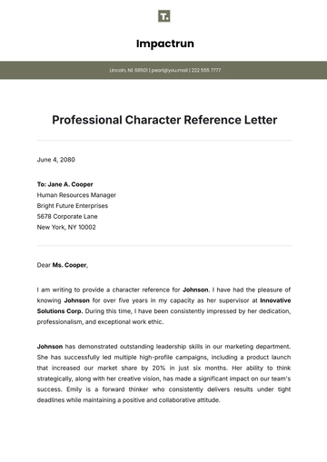 Free Professional Character Reference Letter Template to Edit Online