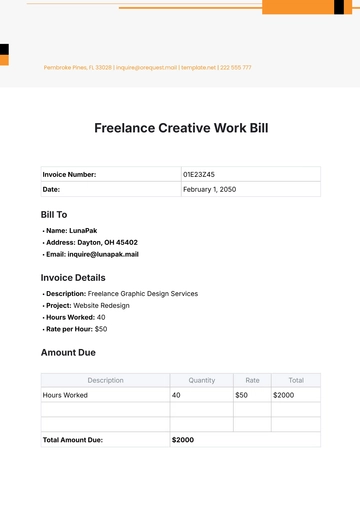 Free Freelance Creative Work Bill Template to Edit Online