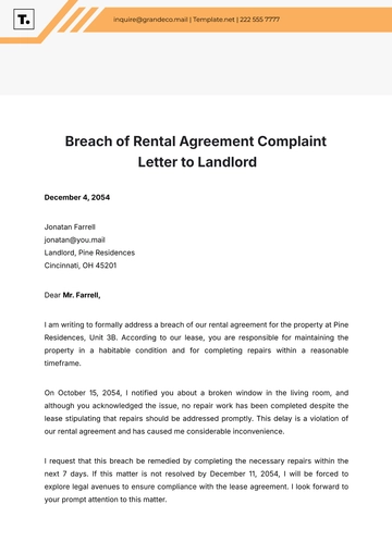 Free Breach Of Rental Agreement Complaint Letter To Landlord Template to Edit Online