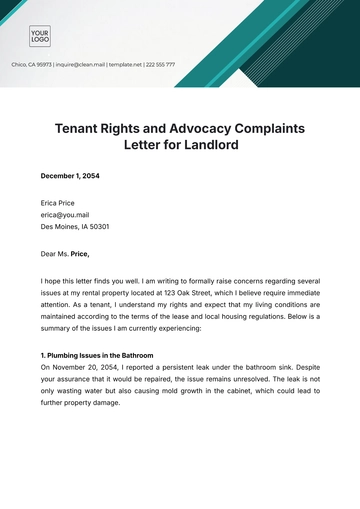 Free Tenant Rights And Advocacy Complaints Letter For Landlord Template to Edit Online