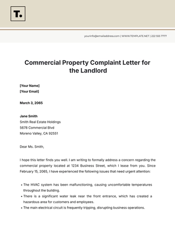 Free Commercial Property Complaint Letter For The Landlord Template to Edit Online