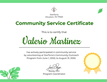 Free Editable Community Service Certificate Template to Edit Online