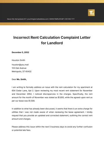 Free Incorrect Rent Calculation Complaint Letter For Landlord Template to Edit Online