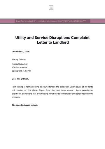 Free Utility And Service Disruptions Complaint Letter To Landlord Template to Edit Online
